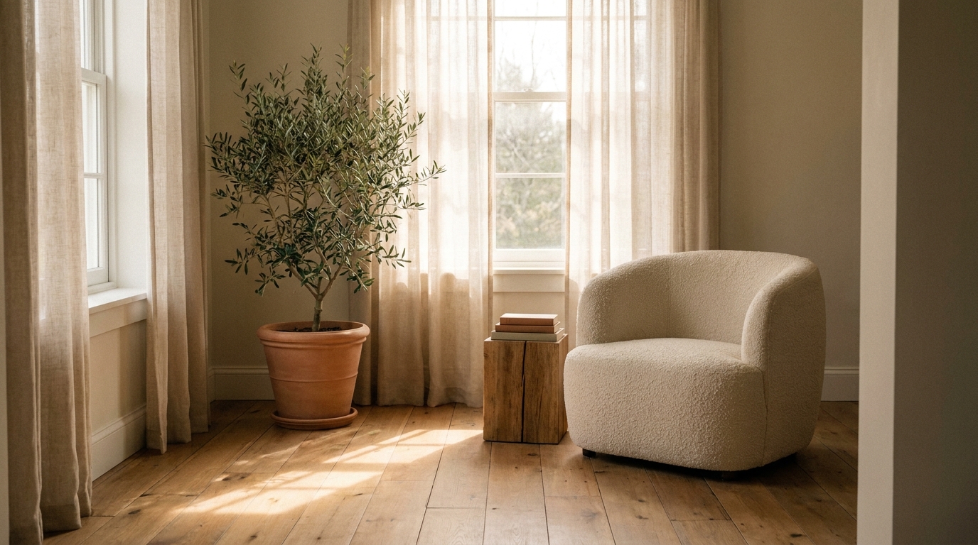 Een serene ruimte met een zachte fauteuil bij een raam met linnen gordijnen en een olijfboompje.