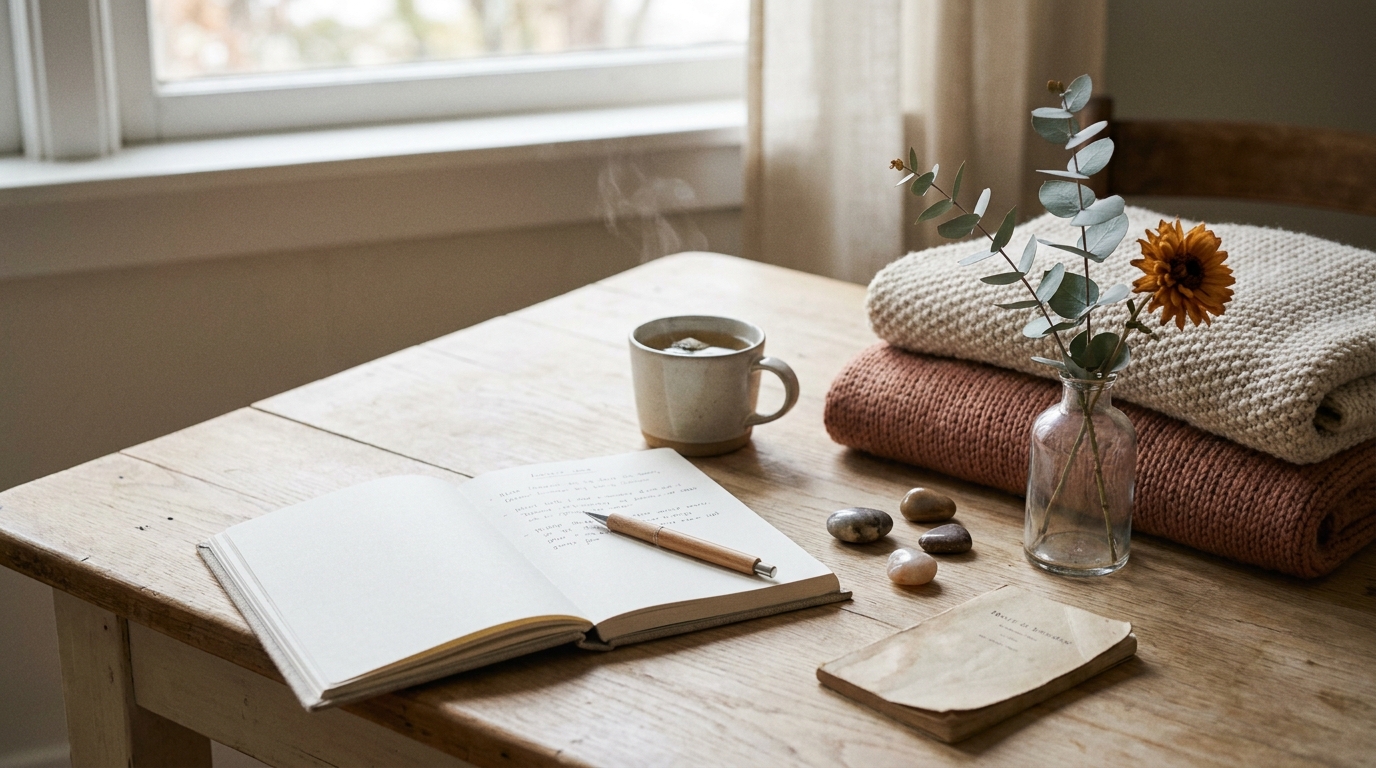 Een warme houten tafel met een open notitieboek, dampende thee, gebreide textiel en eucalyptus.