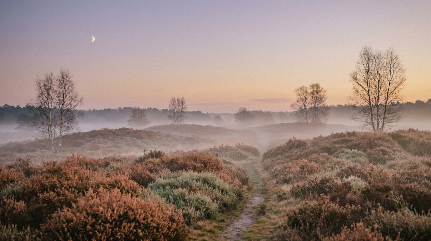 Een mistig Belgisch heidelandschap bij schemering met een wassende maan en een zacht kronkelend pad.
